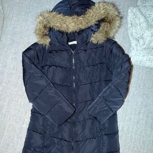 Mango - Girl's Long Coat with Faux Fur Trim - Navy - Size 11